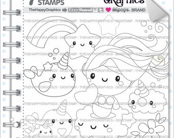 Unicorn Stamp Commercial Use Digi Digital Image Narwhal Digistamp Mermaid Clipart Cute