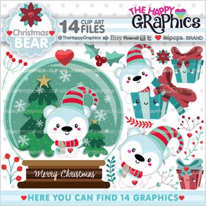 Polar Bear Clipart, Polar Bear Graphic, COMMERCIAL USE, Christmas Clipart, Christmas Graphic, Planner Accessories, Season image 1