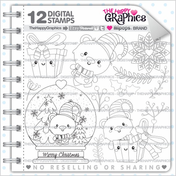 Christmas Stamp, COMMERCIAL USE, Digi Stamp, Christmas Digistamp, Kawaii Stamp, Winter Digital Stamp, Winter Digistamp, Season Clipart Il_570xn
