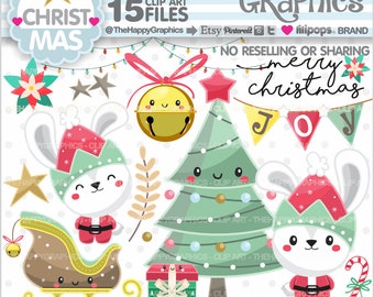 Christmas Clipart, Christmas Graphics, COMMERCIAL USE, Christmas Party, Rabbit Clipart, Winter Clipart, Christmas Rabbit, Christmas Tree