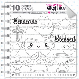 Baptism Stamps, Baptism Coloring Images, COMMERCIAL USE, Coloring Pages, Religious Stamps, Boy Stamps, Angel Stamps, Cross Stamp, Digistamp image 1