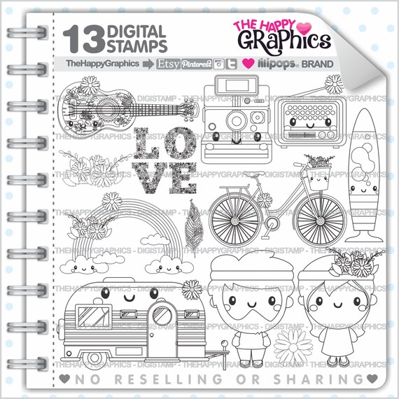 Hippie Stamp, Hippie Digistamp, COMMERCIAL USE, Hippie Party, Peace Digital Stamp, Love Digistamp, Hippie Van Digistamp, Digital Stamp Il_570xn