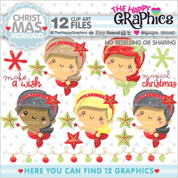 Mermaid Clipart, Mermaid Graphics, COMMERCIAL USE, Christmas Cliparts, Christmas Graphics, Christmas Images, Under The Sea, Multiracial Il_570xn