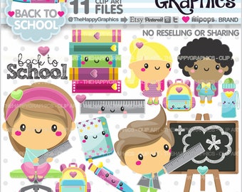 Back to School Clipart, Back to School Graphics, COMMERCIAL USE, Kawaii Clipart, School Party, Planner Accessories, School, Kawaii, Student