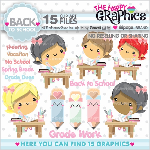 Back to School Clipart, Back to School Graphics, COMMERCIAL USE, Kawaii Clipart, Student Clipart, Pencil Cliparts, School Supplies Il_570xn