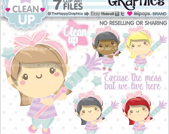 Clean Up Clipart, Clean Up Graphics, COMMERCIAL USE, Chore Clipart, Planner Accessories, Housekeeping Clipart, Organizing, Clean Clipart