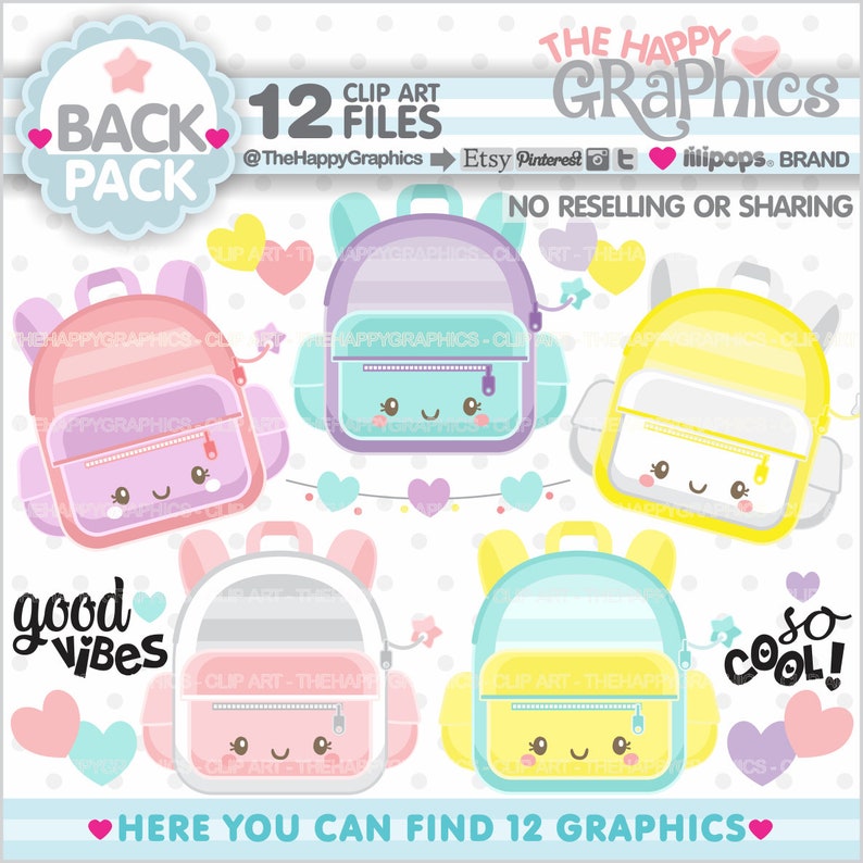 Backpack Clipart, Backpack Graphics, COMMERCIAL USE, School Clipart, Back to School Clipart, Teacher Resources, Student Supplies, Bag, Cute image 1