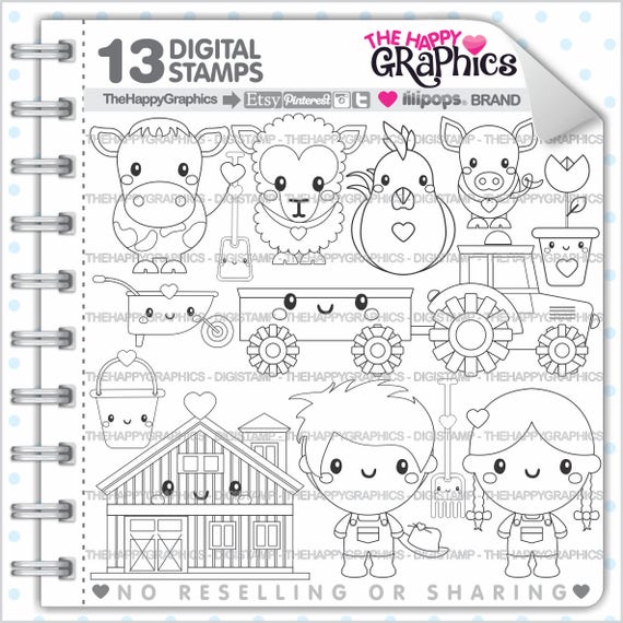 Farm Stamp, COMMERCIAL USE, Digi Stamp, Farm Digistamp, Kawaii Stamps, Farm White Black, Animal Stamp, Animal Digistamp, Farm Images Il_570xn