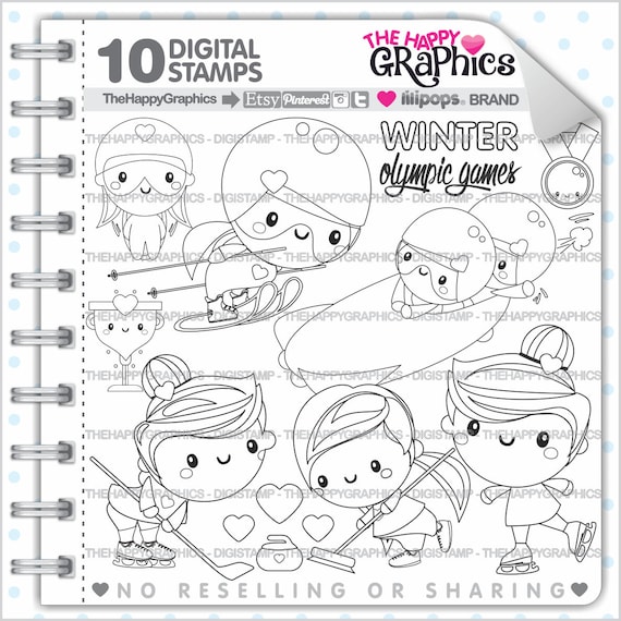 Winter Stamp, COMMERCIAL USE, Digi Stamp, Winter Digistamp, Kawaii Stamps, Winter Olympic Games, Sport Digital Stamp, Girl Sport Il_570xn