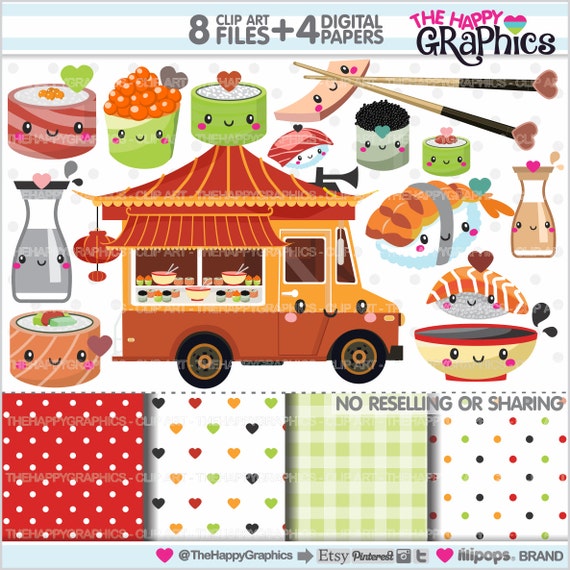 Sushi Clipart, Sushi Graphics, COMMERCIAL USE, Cute Clipart, Food Truck, Oriental Food, Chinese Food, Planner Accessories Il_570xn