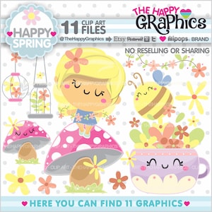 Spring Clipart, Spring Graphics, COMMERCIAL USE, Flower Cliparts, Bee Clipart, Spring Clip Art, Girl Party, Kawaii Clipart, Cute