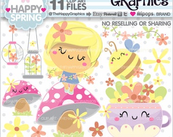 Spring Clipart, Spring Graphics, COMMERCIAL USE, Flower Cliparts, Bee Clipart, Spring Clip Art, Girl Party, Kawaii Clipart, Cute