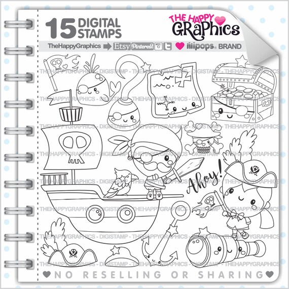Pirate Stamp, Commercial Use, Digi Stamp, Digital Image, Pirate Digistamp, Pirate Party, Pirate Coloring Page, Sea Digistamp, Sea Stamp Il_570xn