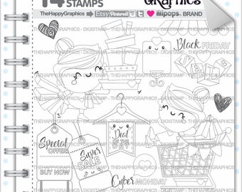 Shopping Stamp, COMMERCIAL USE, Digi Stamp, Digital Image, Shopping Digistamp, Coloring Page, Black Friday Stamp, Kawaii Stamps, Printable