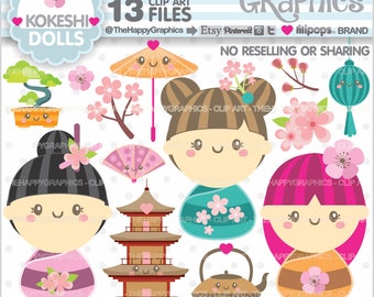 Kokeshi Dolls Clipart, Japanese Clipart, COMMERCIAL USE, Kokeshi Graphics, Cute Clipart, Planner Accessories, Kimono Clipart, Japan, Cute