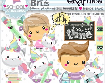 Back to School Clipart, Back to School Graphics, COMMERCIAL USE, Kawaii Clipart, Unicorn Party, School Party, Unicorn Graphics, Printable