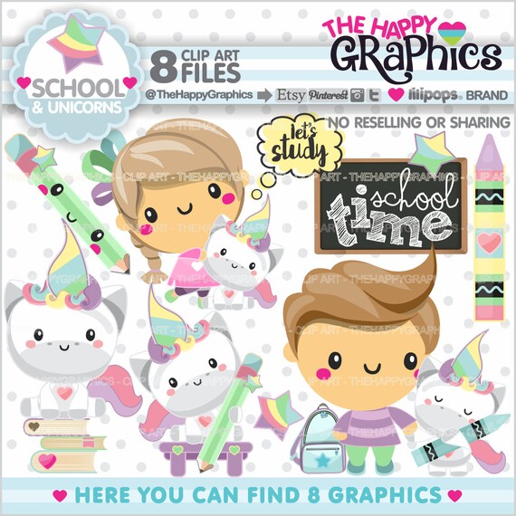 Back to School Clipart, Back to School Graphics, COMMERCIAL USE, Kawaii Clipart, Unicorn Party, School Party, Unicorn Graphics Il_570xn