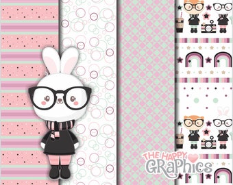 Hipster Digital Paper, COMMERCIAL USE, Hipster Pattern, Printable Paper, Craft Pattern, Digital Pattern, Cool Paper, Rabbit Paper, Bunny
