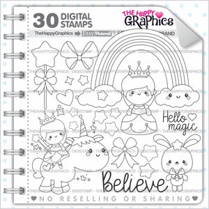 Princess Stamps, Princess Digital Stamps, COMMERCIAL USE, Fairy Tale Stamps, Fairy Tale Digital Stamps, Unicorn Stamps, Rainbow Stamps image 2