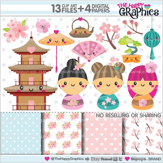 Kokeshi Dolls Clipart, Japanese Clipart, COMMERCIAL USE, Kokeshi Graphics, Momiji Clipart, Planner Accessories, Kimono Il_570xn