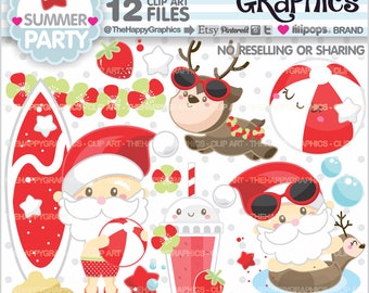 Christmas Clipart, Christmas Graphic, COMMERCIAL USE, Summer Clipart, Christmas Summer, Santa Claus Clipart, Santa Clipart, Reindeer Clipart