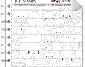 Woodland Stamp, COMMERCIAL USE, Digi Stamp, Woodland Digistamp, Kawaii Stamps, Woodland White Black, Animal Stamp, Animal Digistamp, Png