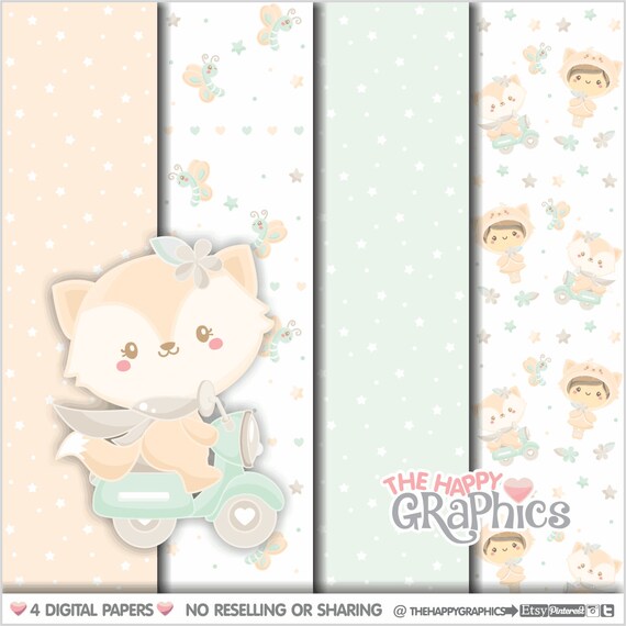Baby Fox, Digital Paper, COMMERCIAL USE, Fox Pattern, Printable Paper, Baby Pattern, Spring Paper, Fox Paper, Welcome Baby Pattern, Cute Il_570xn