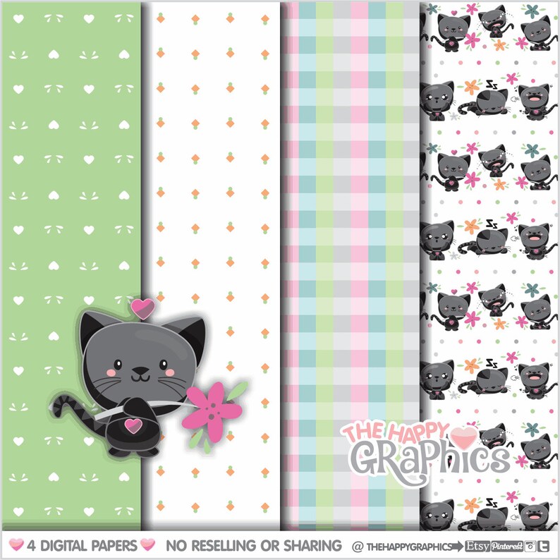 Cat Digital Papers, Cat Pattern, COMMERCIAL USE, Pet Pattern, Pet Digital Paper, Printable Pattern, Printable Paper, Animal Paper, Black Cat image 1