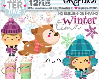 Winter Clipart, Winter Graphics, COMMERCIAL USE, Winter Party, Kawaii Clipart, Season Clip Art, Winter Time, Frosty Clipart, Cold