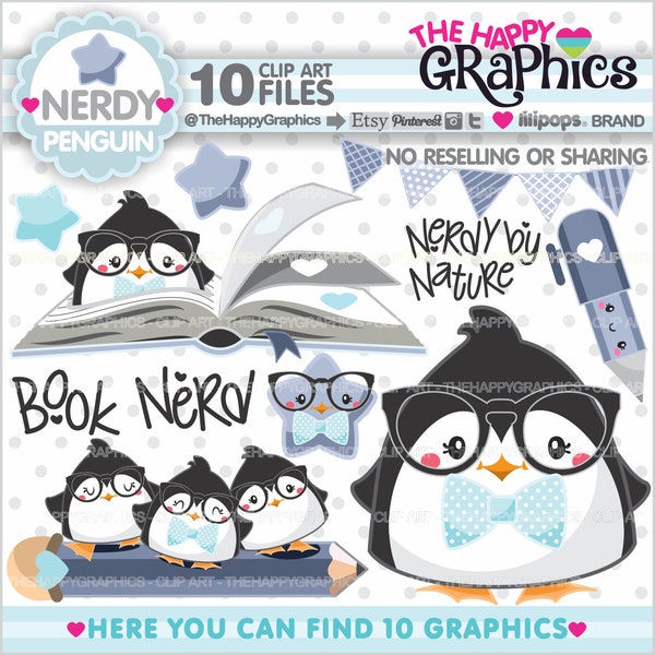 Penguin Clipart, Penguin Graphics, COMMERCIAL USE, Nerd Clipart, Nerdy Clipart, School Clipart, Animal Clipart, Back to School, Nerdy Images