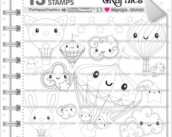 Air Balloon Stamp, Digi Stamp, Balloon Digistamp, Balloon Digital Stamp, Kawaii Stamps, Traveling Stamps, Travel Stamps, Coloring Graphics