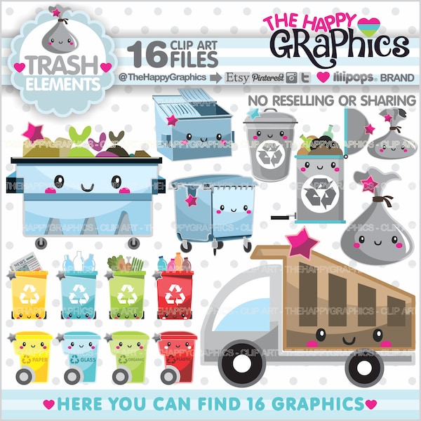 Garbage Clipart, Garbage Graphics, COMMERCIAL USE, Dumpster Clipart, Planner Accessories, Truck collecting Trash, Trash, Kawaii, Printable