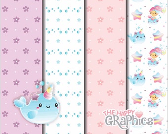 Unicorn, Digital Paper, Narwhal Paper, Narwhal Pattern, Mermaid Paper, Mermaid Pattern, Under the Sea, Fish Digital Paper, Fish Digital