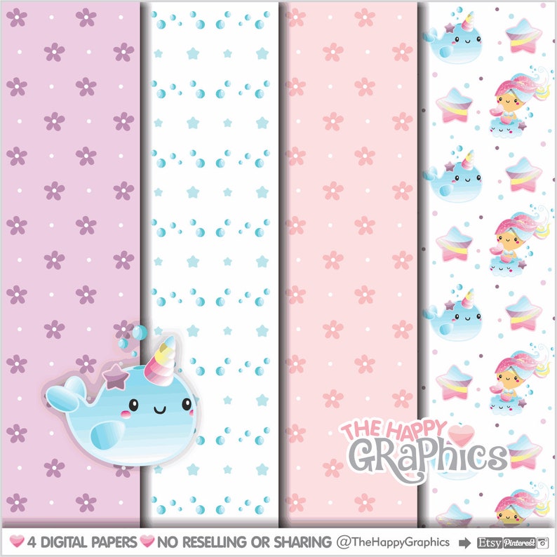 Unicorn, Digital Paper, Narwhal Paper, Narwhal Pattern, Mermaid Paper, Mermaid Pattern, Under the Sea, Fish Digital Paper, Fish Digital image 1