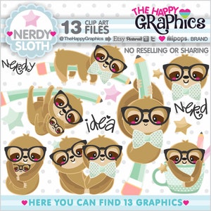 Sloth Clipart, Sloth Graphics, COMMERCIAL USE, Nerd Clipart, Nerdy Clipart, School Clipart, Animal Clipart, Back to School, Nerdy Images image 1