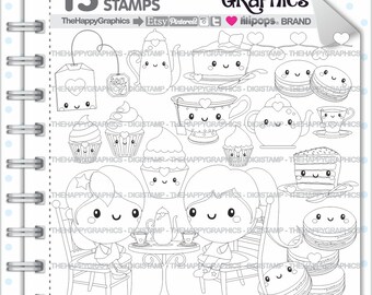 Tea Stamp, COMMERCIAL USE, Digi Stamp, Tea Digistamp, Kawaii Stamps, Tea Party Digistamp, Tea Digital Stamp, Tea Time Digistamp, Printable