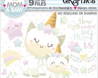 Unicorn Clipart, Unicorn Graphics, COMMERCIAL USE, Mom Cliparts, Mother Clipart, Baby Clip Art, Family Clipart, Kawaii Clipart, Cute
