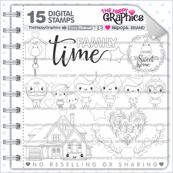 Family Stamp, COMMERCIAL USE, Digi Stamp, Family Digistamp, Family Digital Stamp, Kawaii Stamps, Home Stamps, Home Digital Stamps Il_570xn