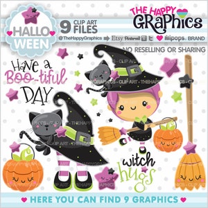 Halloween Clipart, Halloween Graphic, COMMERCIAL USE, Halloween Party, Halloween Witch, Halloween Celebration, Halloween Kawaii, Girl image 1