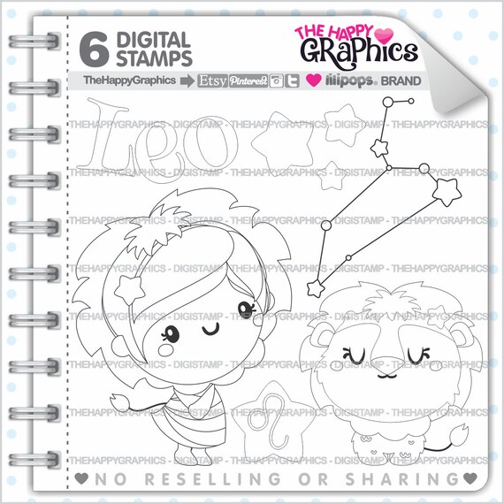Leo Digistamp, Leo Digital Stamp, COMMERCIAL USE, Digital Stamp, Zodiac Digistamp, Zodiac Stamp, Constellation Stamp, Zodiac Sign, Lion Il_570xn