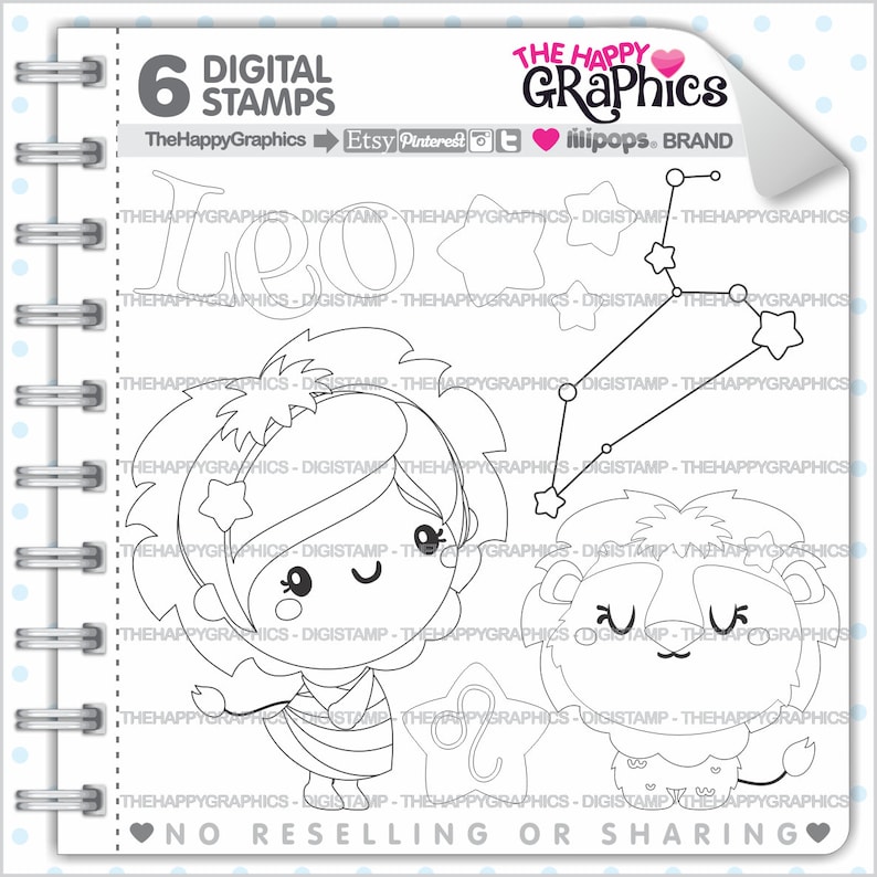 Leo Digistamp, Leo Digital Stamp, COMMERCIAL USE, Digital Stamp, Zodiac Digistamp, Zodiac Stamp, Constellation Stamp, Zodiac Sign, Lion image 1