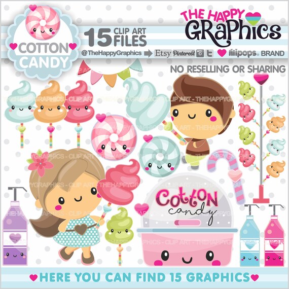 Cotton Candy Clipart, Cotton Candy Graphic, COMMERCIAL USE, Cotton Candy Party, Food Clipart, Kawaii Clipart, Carnival Clipart, Cute Il_570xn