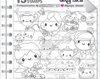 Mermaid Stamp, Commercial Use, Digi Stamp, Digital Image, Summer Digistamp, Mermaid Coloring Page, Mermaid Graphic, Tea Time, Outline