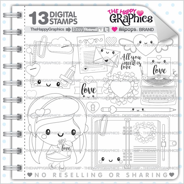 Love Stamps, Commercial Use, Digi Stamp, Digital Image, Love Digistamp, Coloring Page, Valentines Day Stamps, Planner Girl Digistamp