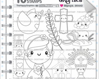 First Communion Girl, Stamp, Commercial Use, Digi Stamp, Digital Image, First Communion Digistamp, Coloring Page, Cute