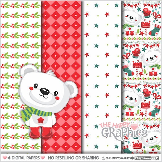 Christmas Digital Paper, Christmas Pattern, COMMERCIAL USE, Christmas Background, Polar Bear Pattern, Digital Scrapbook Paper, Scrapbook Il_570xn