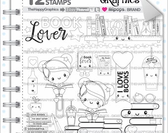 Back to School Stamp, COMMERCIAL USE, Digi Stamp, Book Stamp, School Digistamp, Kawaii Stamps, Student Digital Stamps, Study, Girl