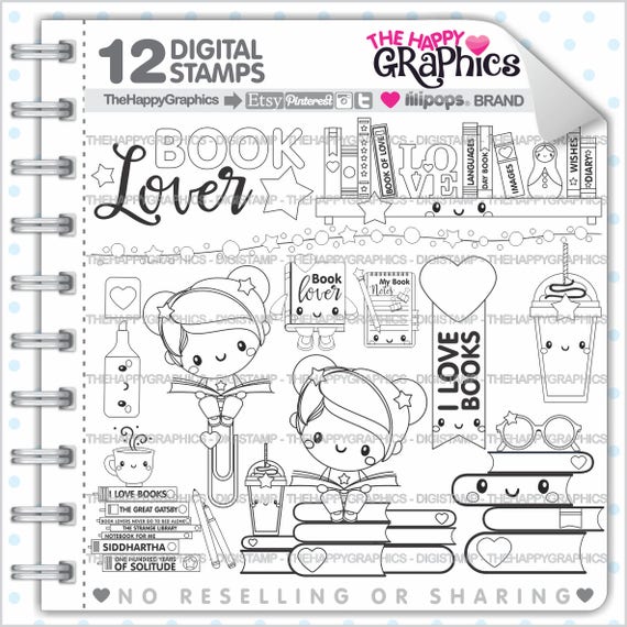Back to School Stamp, COMMERCIAL USE, Digi Stamp, Book Stamp, School Digistamp, Kawaii Stamps, Student Digital Stamps, Study, Girl Il_570xn