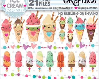 Ice Cream Clipart, Ice Cream Graphics, COMMERCIAL USE, Popsicle Clipart, Popsicle Graphics, Planner Accessories, Food, Sweet Clipart, Cute