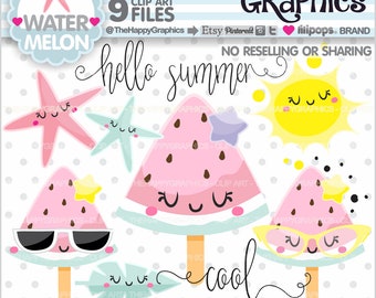 Summer Clipart, Summer Graphics, COMMERCIAL USE, Kawaii Clipart, Watermelon Clipart, Tropical Cliparts, Summer Party, Fruit Clipart